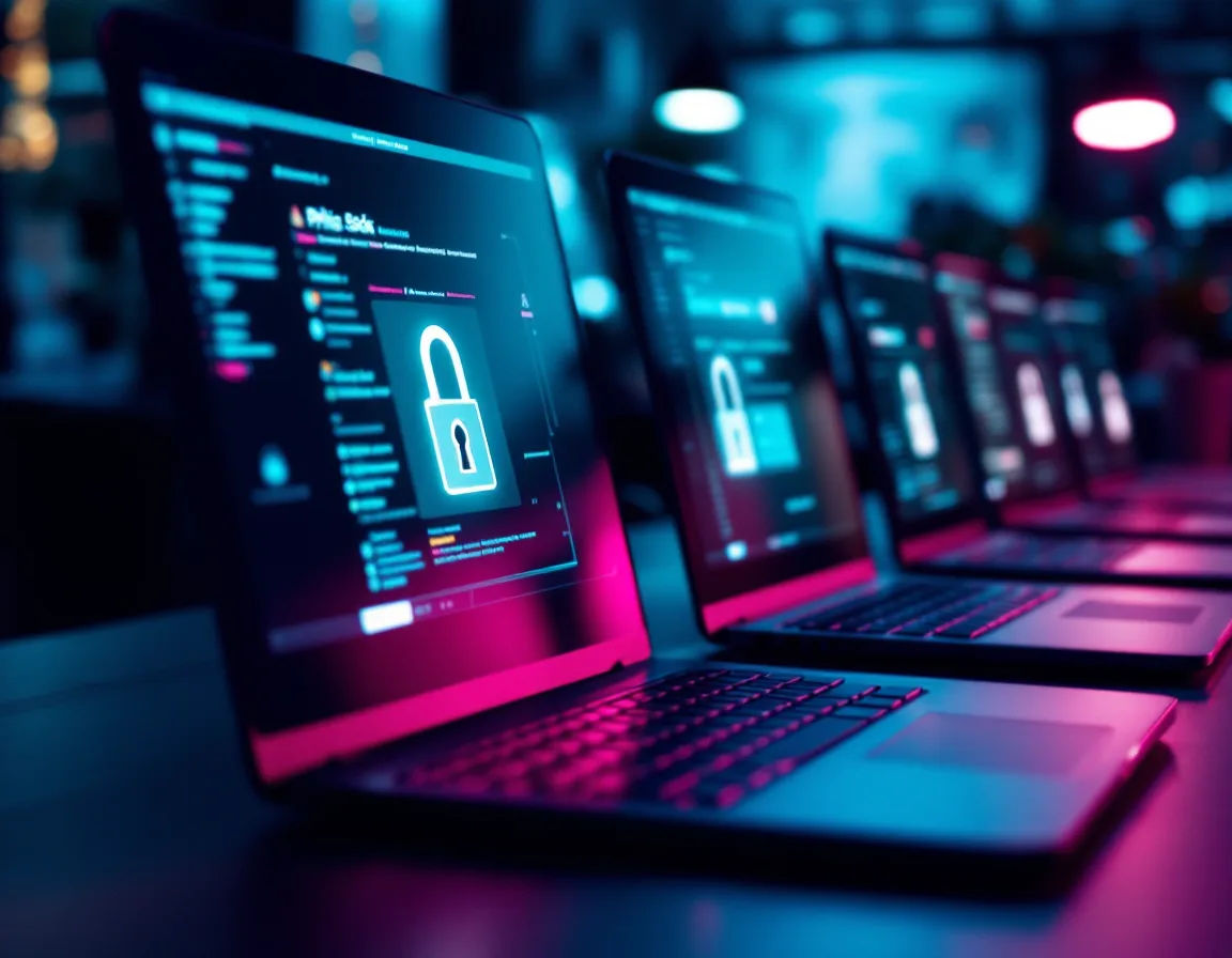 Office laptops with security lock icons and a flagged phishing email