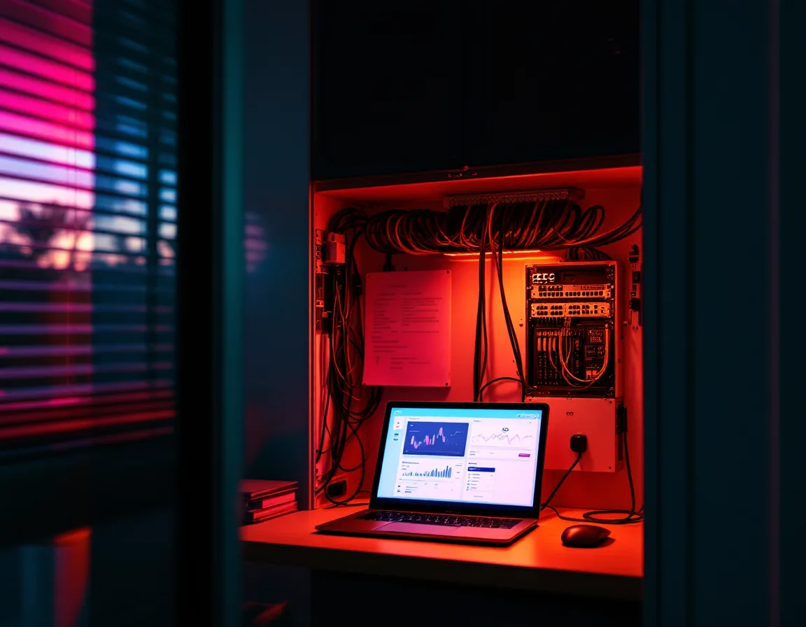 A neatly cabled office network closet with a monitoring laptop open